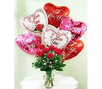 Romance them with our six stunning long-stemmed roses topped with a half dozen romantic "I love you" mylar balloons