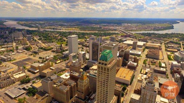 Up close aerial of the Philter in downtown Tulsa.