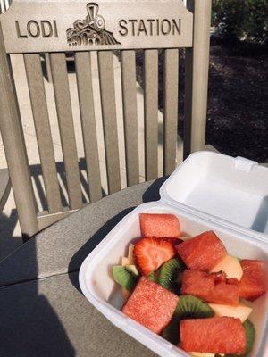 Fresh fruit cup- fresh fruit sliced. We switch up the fruit often. Pictured- kiwi, pineapple, cantaloupe, strawberries and watermelon!