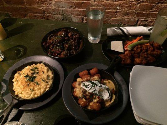 Baked mac 'n cheese, brussel sprouts, buffalo fried cauliflower & loaded tots