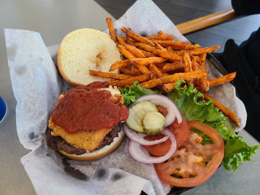 pizza burger with sweet potato fries