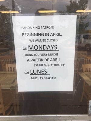 PandaKing closed every Mondays