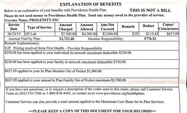 Explanation of Benefits for an optional genetic test we were told about, but never told about the cost!   Really?! $7,500?!