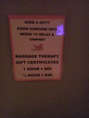 1 hour massage for $65.00 1/2 hour massage for $40.00