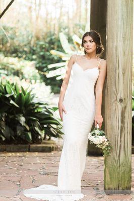 Lace sheath wedding dress, Houston bridal shop