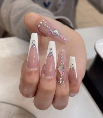 French, nude, white, rhinestone nails