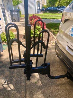 This is my new bike rack. It holds (2) bikes. And because I had my hitch installed with them... I got a 20% discount on the bike rack.