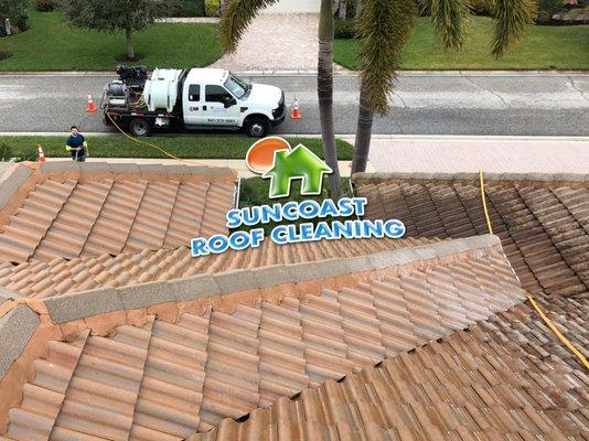 Professional roof cleaning services in Sarasota, FL. Soft washing a brown tile roof.