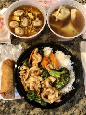 Hot & Sour Soup, Wonton Soup, Chicken With Broccoli in Garlic Sauce, & Egg Roll