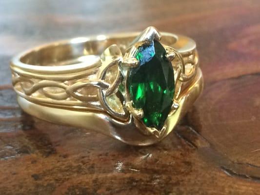 Custom engagement ring w marquise cut tsavorite garnet, Terry created the side design and got it laser cut, below is the shadow wedding band