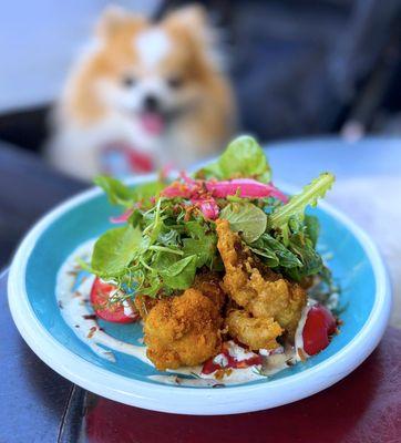 Tempura Soft Shell Crab w/ green curry ranch, english pea, herb-palapa salad | $31 (one crab)