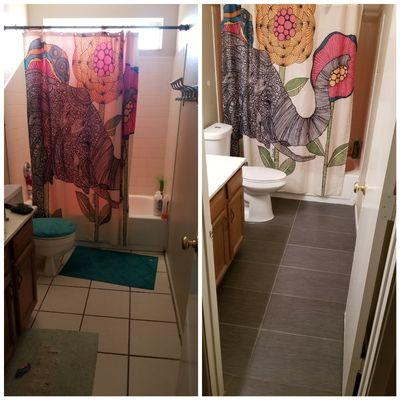 Before and after tile and new toilet installed.