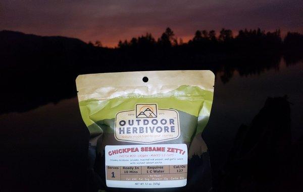 Sunset dinner while backpacking Rockbound Lake. Chickpea Sesame Zetti (vegan) - 5 stars. Definitely a favorite. Highly Recommend!