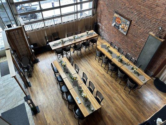 Plenty of room for 48 guests at the tables, bar, and fireplace area. A nice setup for a memorial service