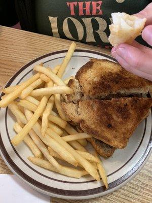 Patty melt sandwich toast just a little to done