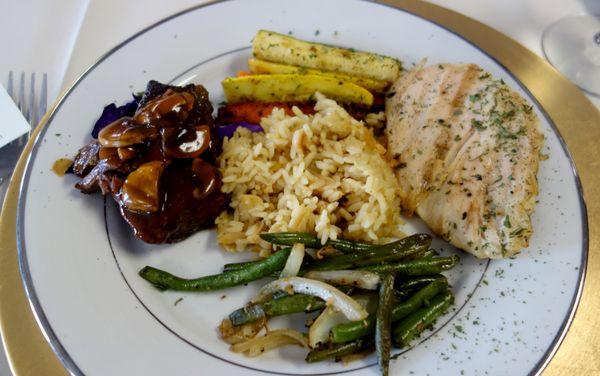 A plate from the tasting! In addition, we also got to try caesar salad, veg lasagna, peach iced tea, and a variety of POTATOES.