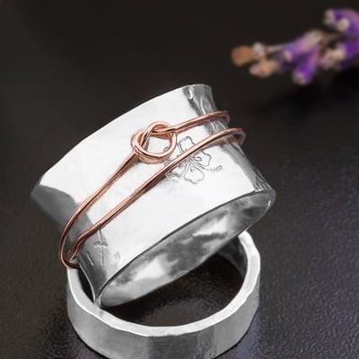 Love Knot Spinner Ring, sterling silver with rose gold filled knot