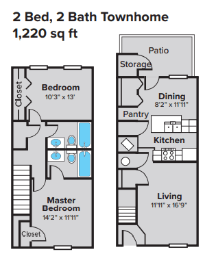 2 Bedroom, 2 Bathroom Townhome Floorplan