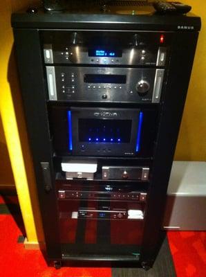 Finished A/V Rack with Emotiva Audio, Apple TV, and much more. Installed in an underground theater with full surround sound in Oakland, CA.