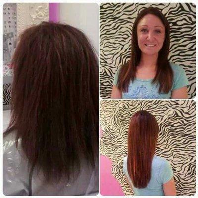 Before and after custom color, keratin smoothing treatment, and 16" extensions