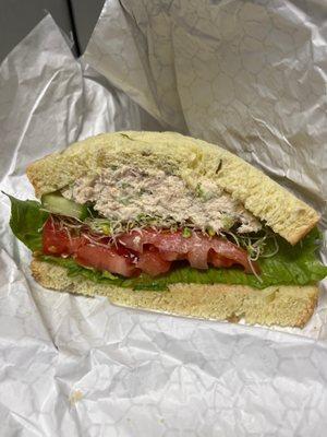 Tuna salad sandwich on sunflower bread