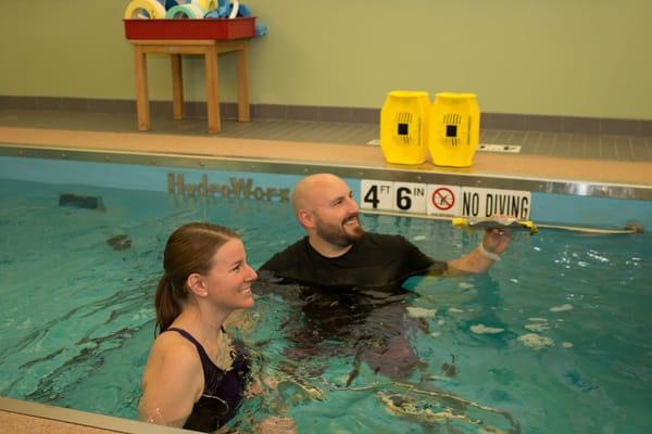 Working out with a physical therapist in the HydroWorx pool