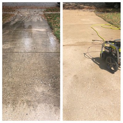 Before and After picture of a clients driveway that was power washed by AAI Property Preservation.