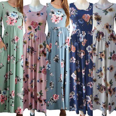 Floral Maxi Dress long sleeves with pockets. Very soft and comfortable. Easy care and wrinkle free. Available in Sz Small to Large.