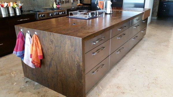 Beautiful waterfall stone on kitchen island