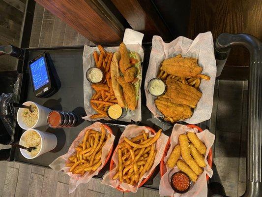 catfish po boy with fries, Fried Catfish Basket, mozzarella sticks, rice, Cajun Fries