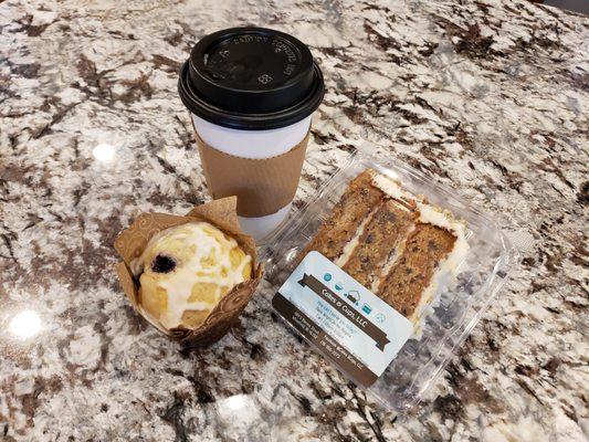 Coffee, Lemon Blueberry Muffin and Carrot Cake