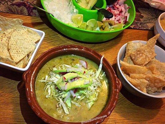 Pozole verde  with all the condiments included $10 big bowl!