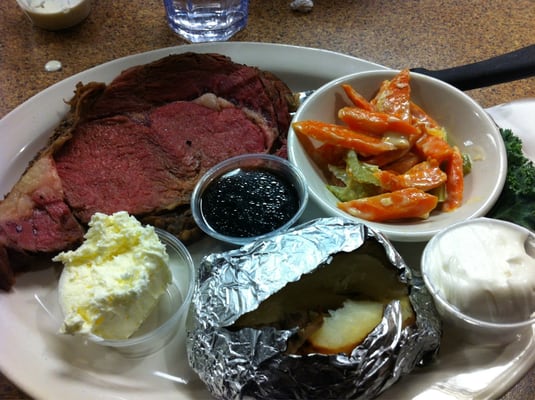 Prime rib carrots and baked potato