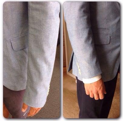 Had the sleeves shortened at King's tailor. Before and after picture. Tailored fit!