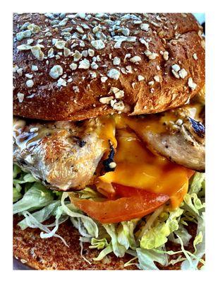 Charcoal Broiled Breast Chicken Sandwich w/ex. Cheddar Cheese! On wheat oat bran bun! Pretty Amazing! Drive True! Charcoal Delights.! Cool!