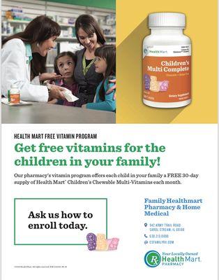 We now offer a free vitamin program for children 2-12 years old! Stop in today for your monthly punch card!