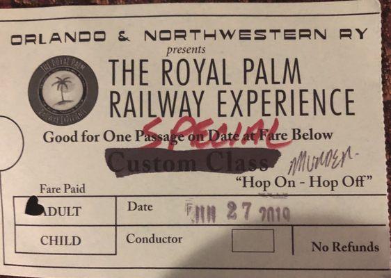 Ticket for the murder mystery train ride