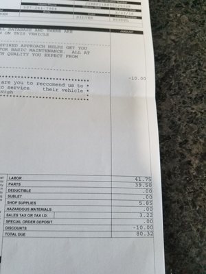 Total invoice for oil change and questionable tire rotation with $10 off coupon.