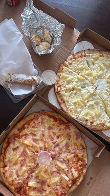 Hawaiian pizza, all white pizza and cannoli