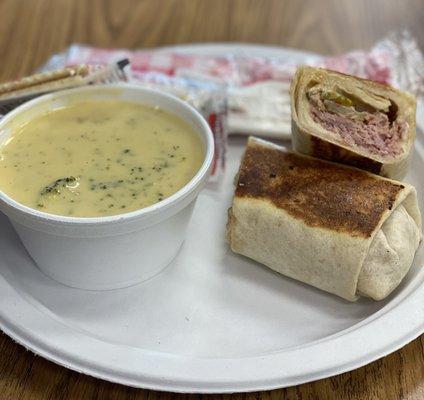 Cuban wrap and cheddar and broccoli soup