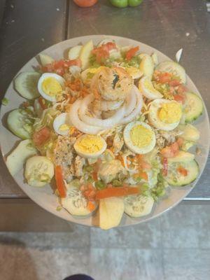 Grilled chicken, shrimp salad, fully loaded