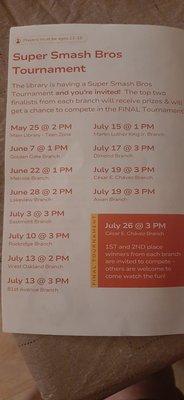 Dates and times for teen activities.