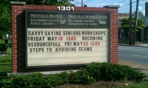 Library sign on Reisterstown Road, Pikesville