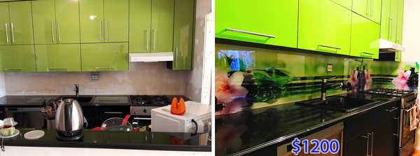 Kitchen Glass Backsplash with print.
 Produced by InteriorDecorNY Inc and installed in Brooklyn.