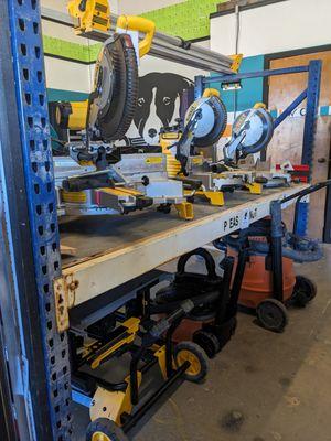 Miter saws. Jobsite table saw. Shop vacs.