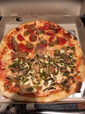 Large pizza: half sausage & pepperoni, half sweet peppers and mushrooms (both very good!)