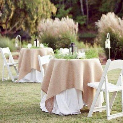 Burlap Table Linens for your rustic theme or barn weddings. Table Runners, Aisle Runners, Tablecloths, Chair Sashes & Much more.