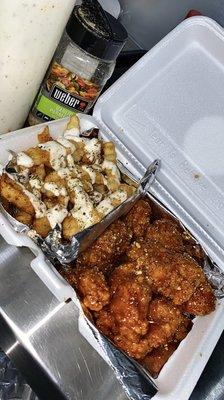 Parmesan Garlic Loaded Fries and Honey Hot Lemon Pepper Boneless Wings