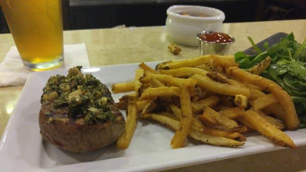 Steak Frittes with the fillet and a chimichurri. Perfectly cooked.