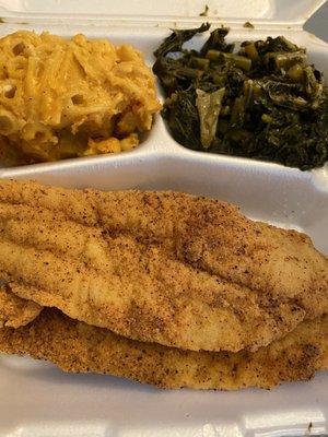 Swai fish with Mac n Cheese and collard greens!